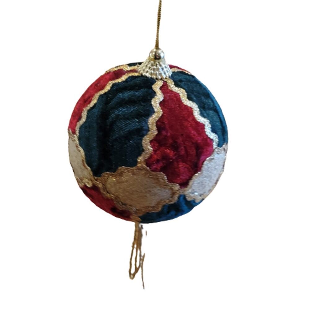 Vintage artisan velour Christmas ornament shiny gold tone / red and green velour